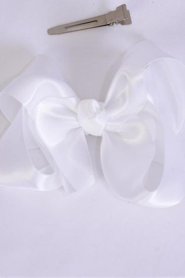 Hair Bow Large Satin White Bow-tie / 12 pcs = Dozen White , Alligator Clip , Size - 4" x 3" Wide , Clip Strip & UPC Code