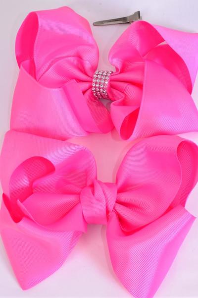 Hair Bow Jumbo Hot Pink Mix Grosgrain Bow-tie / 12 pcs Bow = Dozen  Alligator Clip , Size- 6"x 5" Wide , 6 Of each Pattern Asst , Clip Strip & UPC Code