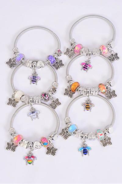 Charm Bracelet Honey Bee Enamel w Butterfly  Charm Multi / 12 pcs = Dozen 2 Of Each Pattern Asst , Hang Tag & Opp Bag & UPC Code