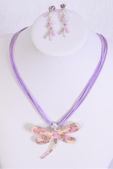 Necklace Sets Dragonfly Rhinestones Indian Bead Mix Lavender / Sets Lavender , Post , 20" Long , Dragonfly Size - 2.25" x 2" Wide , Display Card & OPP Bag & UPC Code