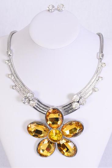 Necklace Sets Chain w Large Rhinestone Flower Pendant Amber / 12 pcs Sets = Dozen Amber , 18" Extension Chain , Flower Size - 3" Wide , Black Velvet Display Card & OPP Bag & UPC Code