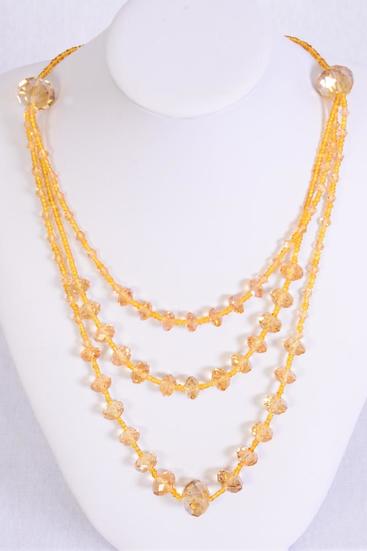 Necklace Triple Layered Glass Crystal Champagne / pc  Champagne , 24" Long , Hang Tag & OPP Bag
