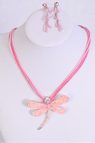 Necklace Sets Dragonfly Rhinestone w Indian Bead Mix Pink / 12 sets = Dozen Pink , Post , 20" Long , Dragonfly Size - 2.25" x 2" Wide , Display Card & OPP Bag & UPC Code