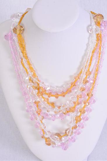 Necklace Triple Layered Glass Crystal / PC Size - 24" Long , Hang Tag & OPP Bag , Choose Colors