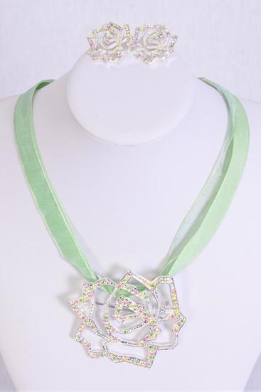 Necklace Sets Rose w Pastel Rhinestones / Sets Pastel , Post , Rose - 2.5" Wide , Earring - 1" Wide , Display Card & OPP Bag & UPC Code