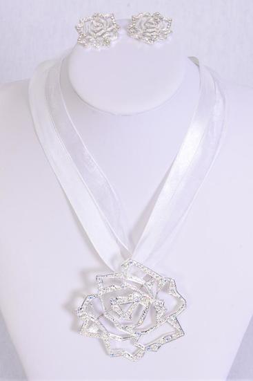 Necklace Sets White Rose Clear Rhinestones / Sets White , Post , Rose Size - 2.5" Wide ,  Display Card & OPP bag