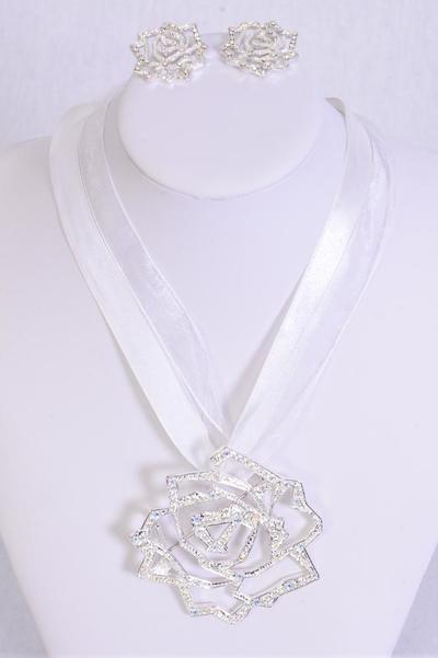 Necklace Sets Rose w Rhinestones / 12 Sets = Dozen Post , Rose - 2.5" Wide , Earring - 1" Wide , Display Card & OPP Bag & UPC Code , Choose Colors