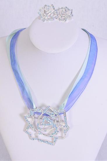 Necklace Sets Rose w Blue Rhinestones / Sets Blue , Post , Rose - 2.5" Wide , Earring - 1" Wide , Display Card & OPP Bag & UPC Code 
