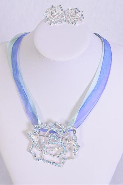 Necklace Sets Rose w Rhinestones / Sets Post , Rose - 2.5" Wide , Earring - 1" Wide , Display Card & OPP Bag & UPC Code , Choose Colors