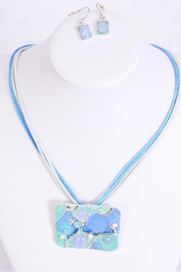 Necklace Sets Enamel Pendent Rhinestones Blue / Sets Blue , Post , Pendant Size 2"x 1.75" , Display Card & OPP Bag
