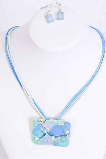 Necklace Sets Enamel Pendant Rhinestone Blue / Sets Blue , Post , Pendant Size 2" x 1.75" , Display Card & OPP Bag