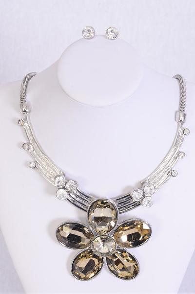 Necklace Sets Chain w Large Rhinestone Flower Pendant / 12 pcs Sets = Dozen Flower Size - 3" Wide , Extension Chain , Choose Colors , Black Velvet Display Card & OPP Bag 