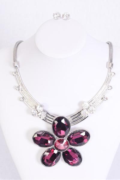 Necklace Sets Chain w Large Rhinestone Flower Pendant Purple / 12 pcs Sets = Dozen Flower Size - 3" Wide , Extension Chain , Choose Colors , Black Velvet Display Card & OPP Bag 