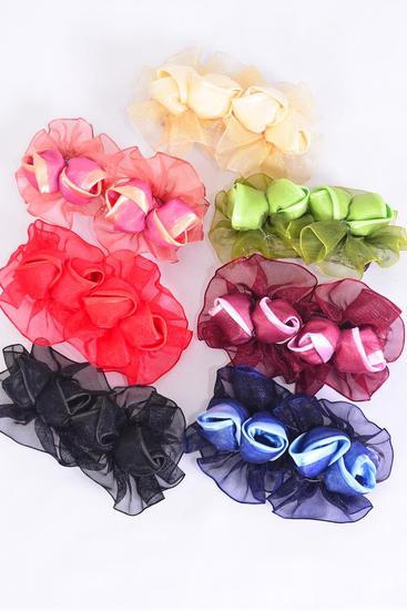 Hair Bow Flower Multi Satin French Clip / 12 pcs Bow = Dozen French Clip , Size - 4" x 2.5" , 2 Red , 2 Black , 2 Navy , 2 Burgundy , 2 Purple , 1 Green , 1 Mauve Mix, Hang Tag & Clip Strip