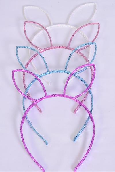 Headband Horseshoe Acrylic Bunny Ear Glitter Mix / 12 pcs = Dozen Color - 3 Fuchsia , 3 Baby Pink , 3 White , 3 Blue Color Asst , Individual OPP Bag & Hang Tag & UPC Code
