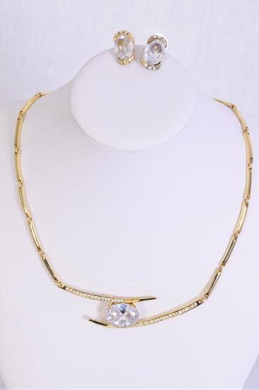 Necklace Sets Cast CZ Cubic Zirconium/Sets **Gold Clear** Post, 18", Black Velvet Display Card & OPP Bag & UPC Code