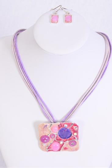Necklace Sets Enamel Pendent Rhinestone Purple / Sets Purple , Post , Pendant Size 2" x 1.75" , Display Card & OPP Bag