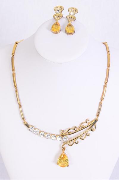 Necklace Sets Metal w Teardrop Cubic Zirconium  / 12 Sets = Dozen Post , Size - 18", Velvet Display Card & OPP Bag & UPC Code , Choose Colors