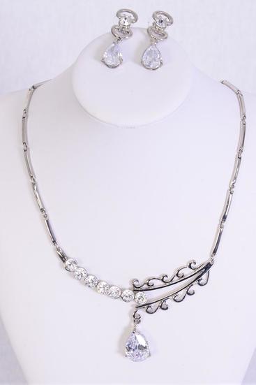 Necklace Sets Metal w Teardrop Cubic Zirconium Silver Clear/ Sets Silver Clear , Post , Size - 18", Velvet Display Card & OPP Bag & UPC Code