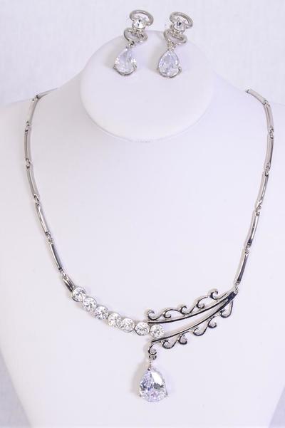 Necklace Sets Metal w Teardrop Cubic Zirconium  / 12 Sets = Dozen Post , Size - 18", Velvet Display Card & OPP Bag & UPC Code , Choose Colors