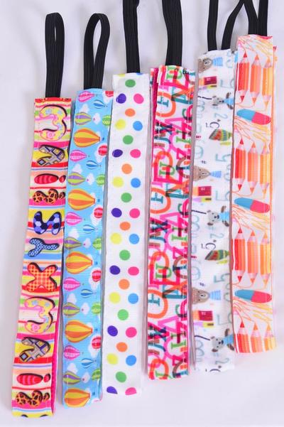 Headband ABC Alphabetic Hot Air Baloom Polka Dots Pattern Mix Grosgrain Fabric / 12 pcs = Dozen Non Slip Velvet Lined , Stretch , Size - 1" Wide , 2 of each Pattern Asst , Hang Card & UPC Code , W Clear Box