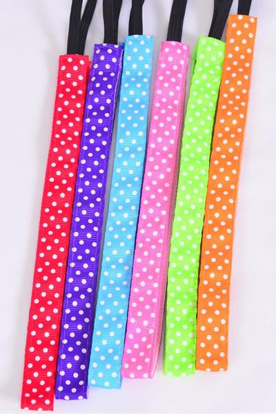 Headband Polka Dots Pattern Mix Grosgrain Fabric / 12 pcs = Dozen Non Slip Velvet Lined , Stretch , Size - 0.75" Wide , 2 of each Pattern Asst , Hang Card & UPC Code , W Clear Box