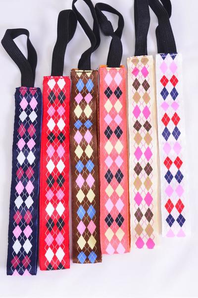 Headband Argyle Pattern Mix Grosgrain Fabric / 12 pcs = Dozen Non Slip Velvet Lined , Stretch , Size - 1" Wide , 2 of each Pattern Asst , Hang Card & UPC Code , W Clear Box