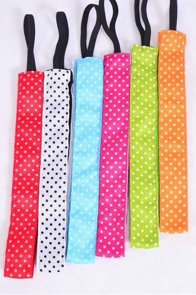 Headband Polka Dots Pattern Mix Grosgrain Fabric / 12 pcs = Dozen   Non Slip Velvet Lined , Stretch , Size-1" Wide , 2 of each Pattern Asst , Hang Card & UPC Code , W Clear Box