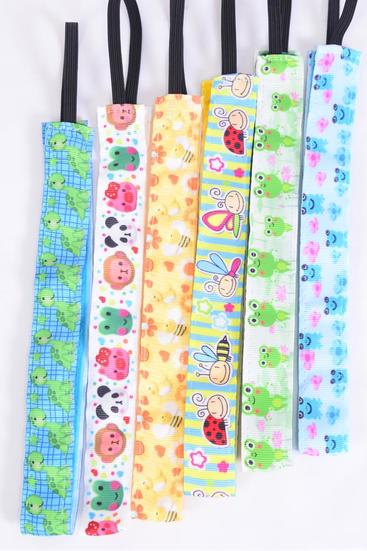 Headband Cute Bug Animal Pattern Mix Grosgrain Fabric / 12 pcs = Dozen Non Slip Velvet Lined , Stretch , Size - 1" Wide , 2 of each Pattern Asst , Hang Card & UPC Code , W Clear Box