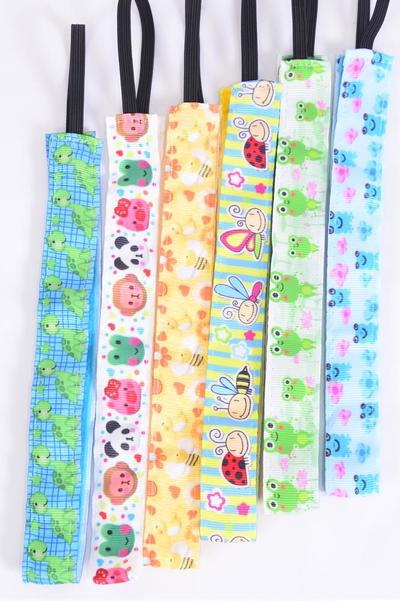 Headband Cute Bug Animal Pattern Mix Grosgrain Fabric / 12 pcs = Dozen Non Slip Velvet Lined , Stretch , Size - 1" Wide , 2 of each Pattern Asst , Hang Card & UPC Code , W Clear Box
