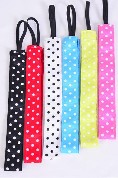 Headband Polka dots Pattern Mix Grosgrain Fabric / 12 pcs = Dozen Non Slip Velvet Lined , Stretch , Size - 1" Wide , 2 of each Pattern Asst , Hang Card & UPC Code , W Clear Box