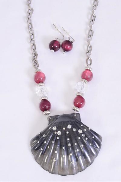 Necklace Sets Poly Shell Pendant Rhinestones / Sets Pendant-3"x 2.5" Wide , Chain-18" W Extension Chain , Hang Tag & OPP Bag