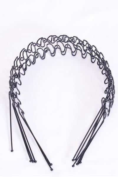 Headband Metal Spring Wavy Hair Hoop Unisex Black Wavy Headband / 12 pcs = Dozen OPP Bag & UPC Code