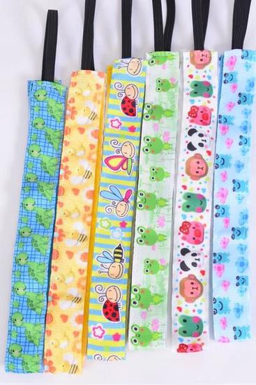 Headband Cute Bug Animal Pattern Mix Grosgrain Fabric / 12 pcs = Dozen Non Slip Velvet Lined , Stretch , Size - 1" Wide , 2 of each Pattern Asst , Hang Card & UPC Code , W Clear Box