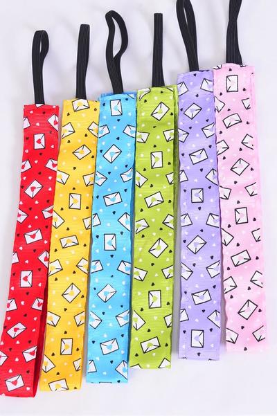 Headband Love Letter Pattern Mix Grosgrain Fabric / 12 pcs = Dozen Non Slip Velvet Lined , Stretch , Size - 1" Wide , 2 of each Pattern Asst , Hang Card & UPC Code , W Clear Box