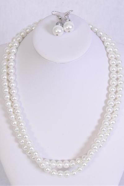 Necklace Sets Pearl 2 Strand White / 12 Sets = Dozen White , Size - 18" Extension Chain , Hang Card & OPP Bag