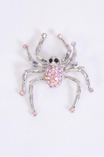 Brooch Spider Iridescent Color Rhinestones / PC Pink , Size-2"x 1.5" Wide , Display Card & OPP bag & UPC Code