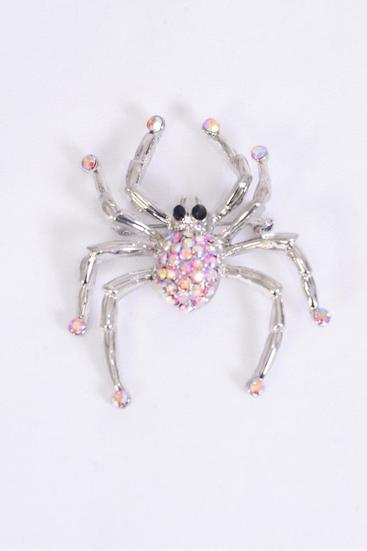 Brooch Spider Iridescent Color Rhinestones Pink / PC Pink , Size - 2" x 1.5" Wide , Display Card & OPP bag