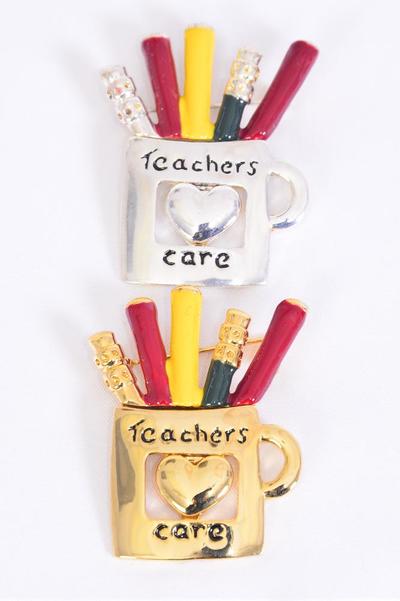 Brooch Enamel Teacher Cares Mug/PC Size-2"x 1.5" Wide, Velvet Display Card & Opp Bag & UPC Code