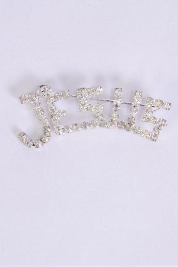 Brooch Jesus Silver Rhinestones / 12 pcs = Dozen  Silver , Size - 2" x 0.75" Wide , Velvet Display Card & OPP Bag