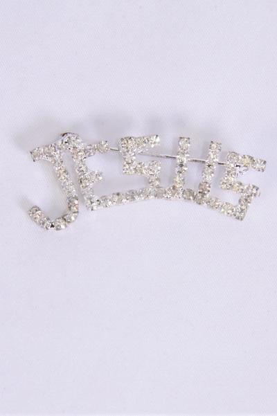 Brooch Jesus Silver Rhinestones / 12 pcs = Dozen  Silver , Size - 2" x 0.75" Wide , Velvet Display Card & OPP Bag