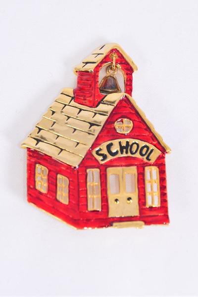 Brooch Enamel School House / PC Size - 2.25" x 1.75" Wide , Velvet Display Card & Opp Bag & UPC Code , Choose Gold Or Silver Finishes