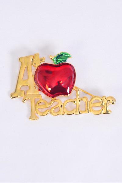 Brooch Enamel Apple A+Teacher Gold/PC Size-2"x 1" Wide,Velvet Card & OPP bag & UPC Code