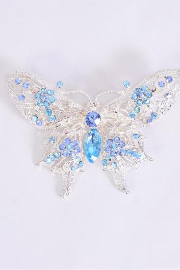 Brooch Large Butterfly Rhinestones Blue / PC Blue , Size - 2.75'' x 2'' Wide , Display Card & OPP Bag