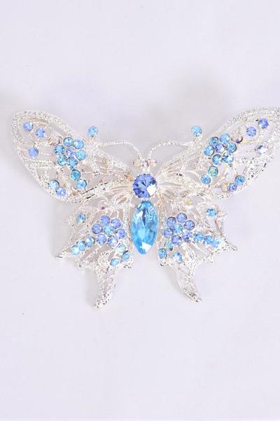 Brooch Large Butterfly Rhinestones / PC Size - 3'' x 2.25'' Wide , Display Card & OPP Bag , Choose Colors