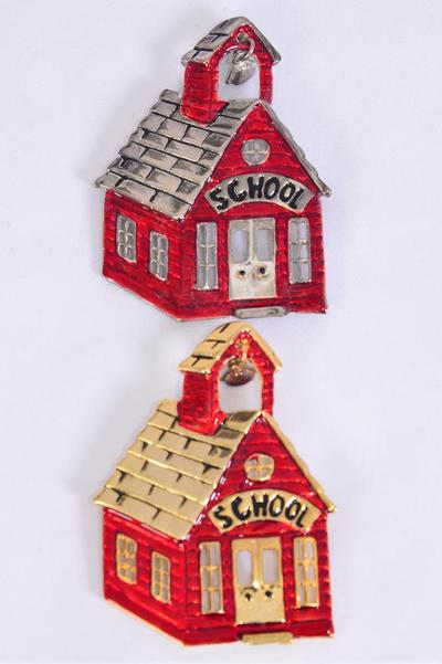Brooch Enamel School House / 12 pcs = Dozen Size - 2.25" x 1.75" Wide , Velvet Display Card & Opp Bag & UPC Code , Choose Gold Or Silver or Mix Finishes