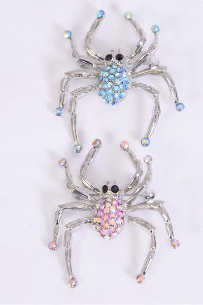 Brooch Spider Iridescent Color Rhinestones / PC Spider , Size - 2" x 1.5" Wide , Choose Colors , Display Card & OPP bag 