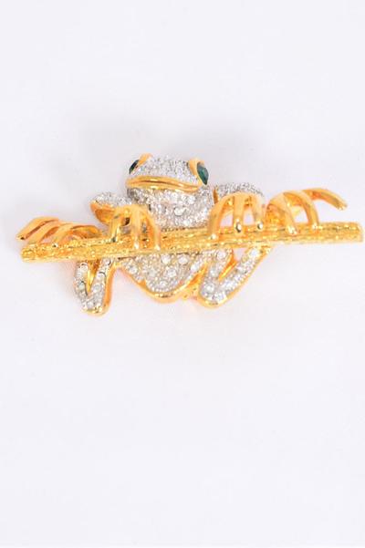 Brooches Frog Flute Rhinestones/PC Size-2.25"x 1.25" Wide, Display Card & OPP Bag