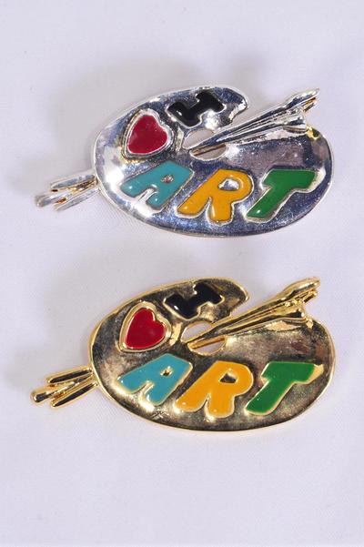 Brooch Enamel I Love Art / 12 pcs = Dozen Size - 2" x 1" Wide , Velvet Card & OPP bag  , Choose Gold Or Silver Finishes
