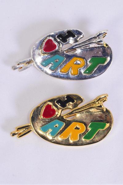 Brooch Enamel I Love Art/PC Size-2"x 1" Wide, Velvet Card & OPP bag & UPC Code,Choose Gold Or Silver Finish